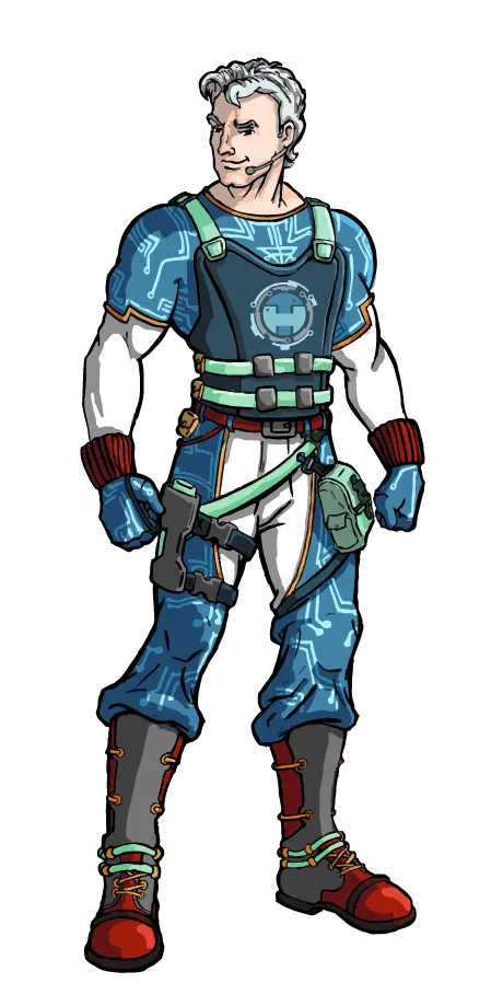A muscular cartoon character in a futuristic outfit with tech-inspired designs